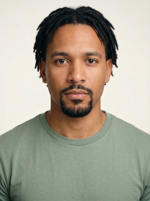 Professional studio headshot of a 29-year-old Latino man with short locs in black, a goatee