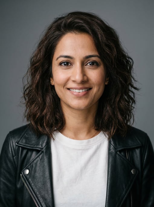 Professional studio headshot of a 37-year-old Bengali woman with a textured lob in dark brown
