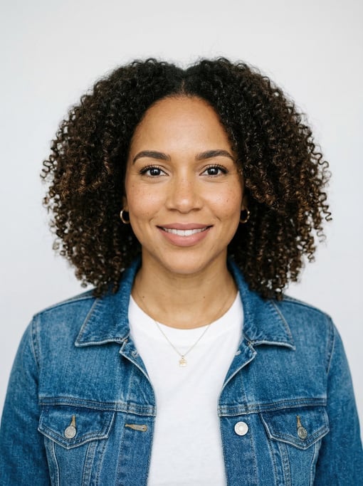 Professional studio headshot of a 33-year-old Dominican woman with shoulder-length coily natural hai