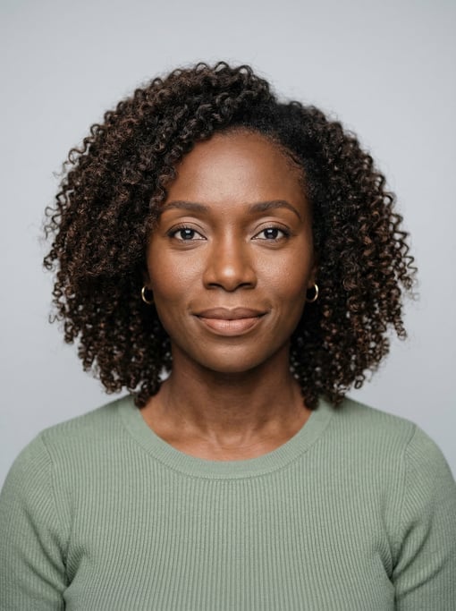 Professional studio headshot of a 39-year-old Ghanaian woman with shoulder-length curly dark brown h