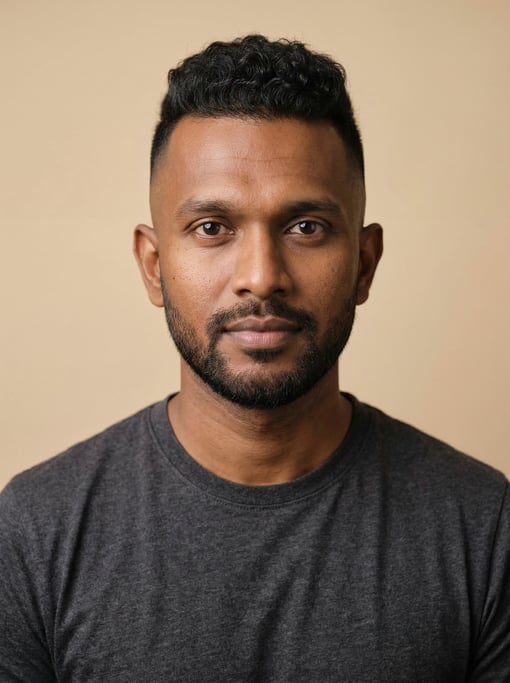 Professional studio headshot of a 35-year-old Sri Lankan man with a high fade with short curly top