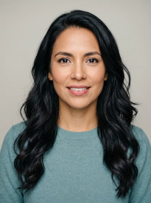Professional studio headshot of a 37-year-old Colombian woman with long wavy black hair