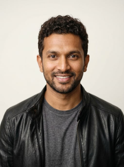 Professional studio headshot of a 35-year-old Sri Lankan man with short curly dark brown hair