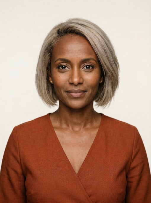 Professional studio headshot of a 38-year-old Ethiopian woman with a chin-length bob in ash blonde