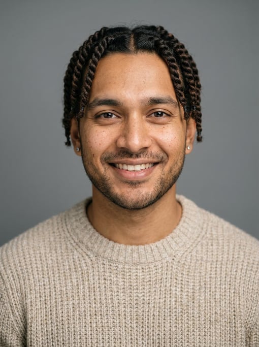 Professional studio headshot of a 27-year-old Bengali man with twists in dark brown