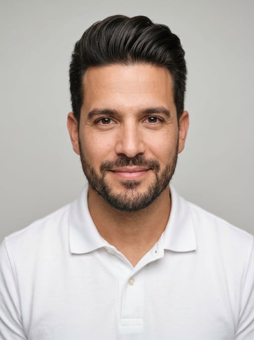 Professional studio headshot of a 36-year-old Puerto Rican man with a pompadour in dark brown