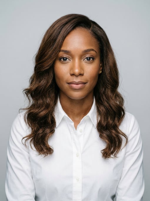 Professional studio headshot of a 31-year-old Jamaican woman with a deep side part with long brown w