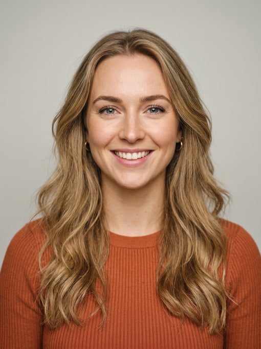 Professional studio headshot of a 24-year-old White British woman with long wavy honey blonde hair