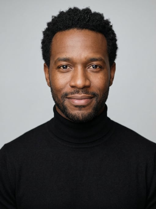 Professional studio headshot of a 36-year-old Black American man with short curly black hair