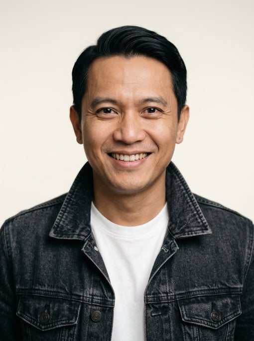 Professional studio headshot of a 40-year-old Indonesian man with neat black side-parted hair