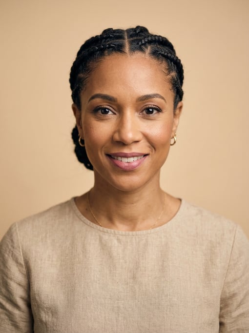 Professional studio headshot of a 40-year-old mixed-race woman with cornrows pulled back neatly