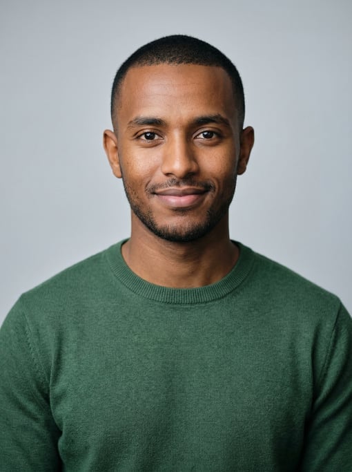 Professional studio headshot of a 24-year-old Ethiopian man with a buzz cut in black