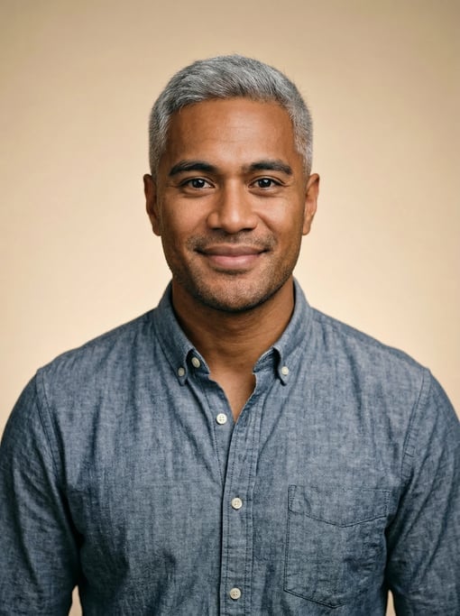 Professional studio headshot of a 26-year-old Polynesian man with fully grey short cropped hair