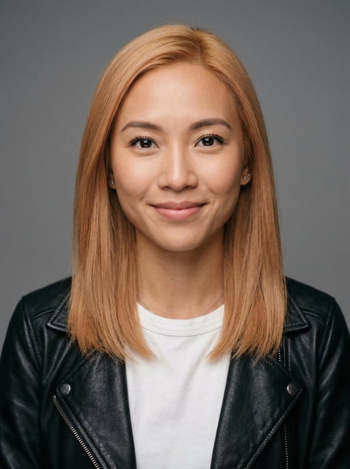 Professional studio headshot of a 29-year-old Vietnamese woman with fine straight strawberry blonde