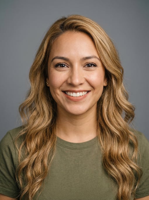 Professional studio headshot of a 27-year-old Latina woman with long wavy honey blonde hair