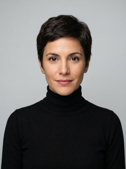 Professional studio headshot of a 33-year-old Argentinian woman with a tapered natural cut in dark b