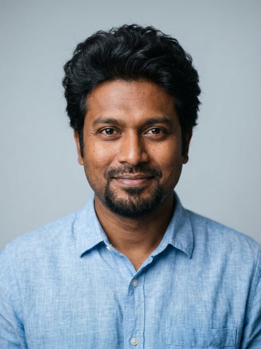 Professional studio headshot of a 37-year-old Bengali man with thick coarse black hair with natural
