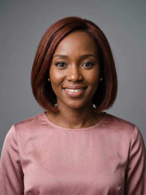 Professional studio headshot of a 32-year-old East African woman with a chin-length bob in auburn