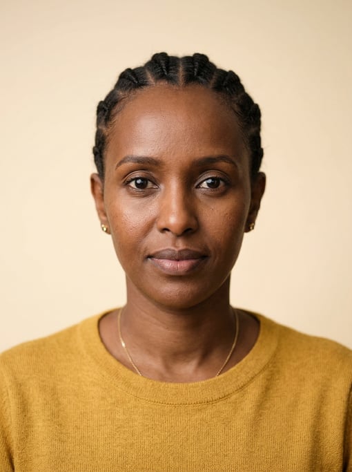 Professional studio headshot of a 40-year-old Somali woman with cornrows pulled back neatly
