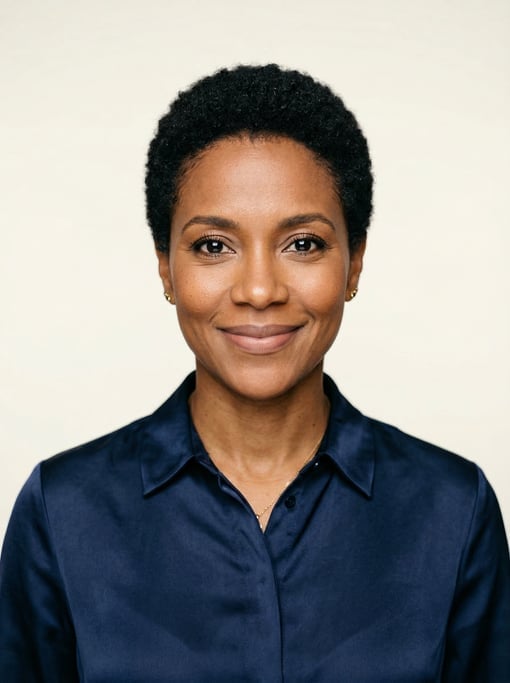 Professional studio headshot of a 37-year-old Colombian woman with a short TWA hairstyle in black