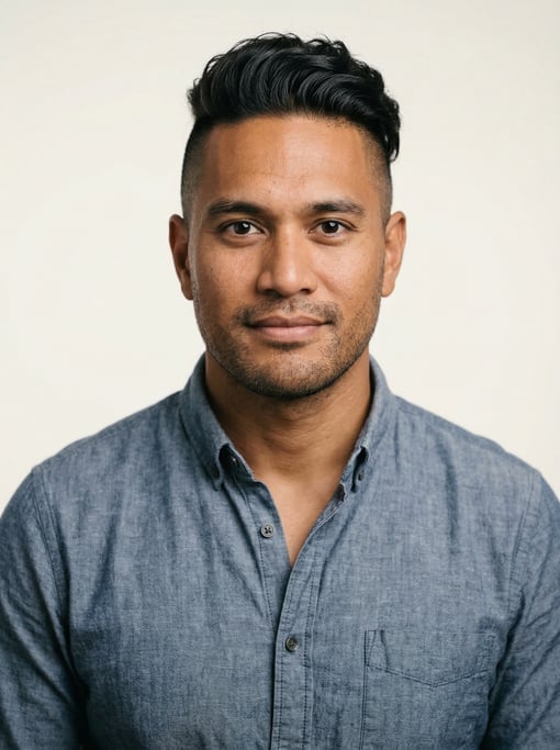 Professional studio headshot of a 34-year-old Hawaiian man with an undercut with longer textured top