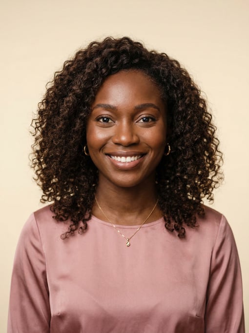 Professional studio headshot of a 29-year-old Nigerian woman with shoulder-length curly dark brown h