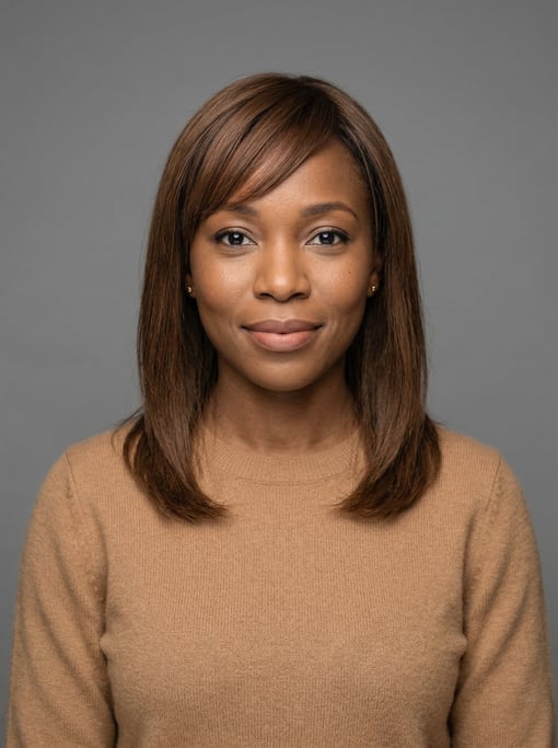 Professional studio headshot of a 30-year-old Black African woman with shoulder-length straight brow