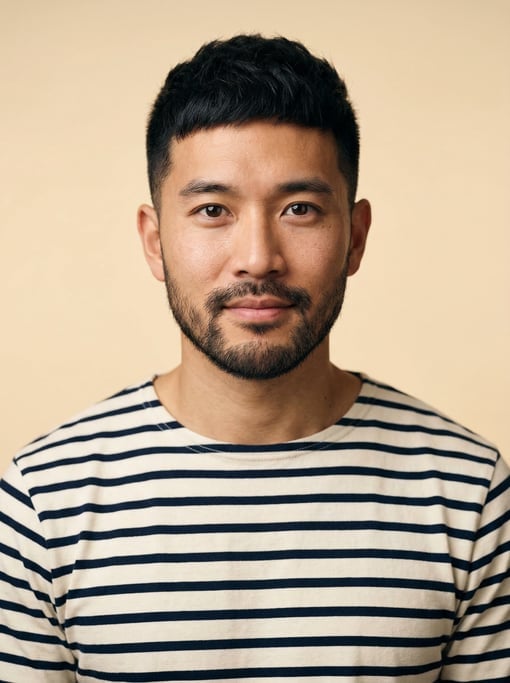 Professional studio headshot of a 30-year-old East Asian man with a black textured crop