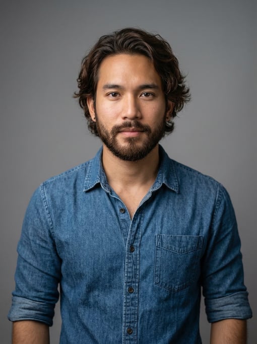 Professional studio headshot of a 24-year-old Thai man with medium-length wavy dark brown hair