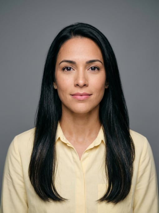 Professional studio headshot of a 33-year-old Puerto Rican woman with long straight black hair falli