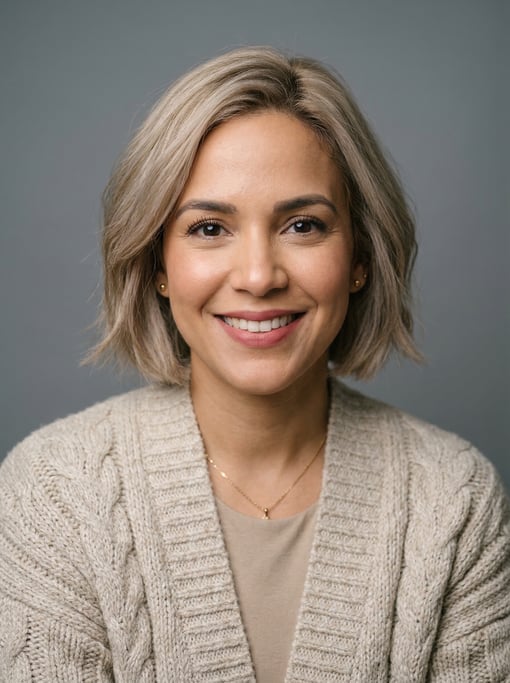 Professional studio headshot of a 34-year-old Dominican woman with a chin-length bob in ash blonde