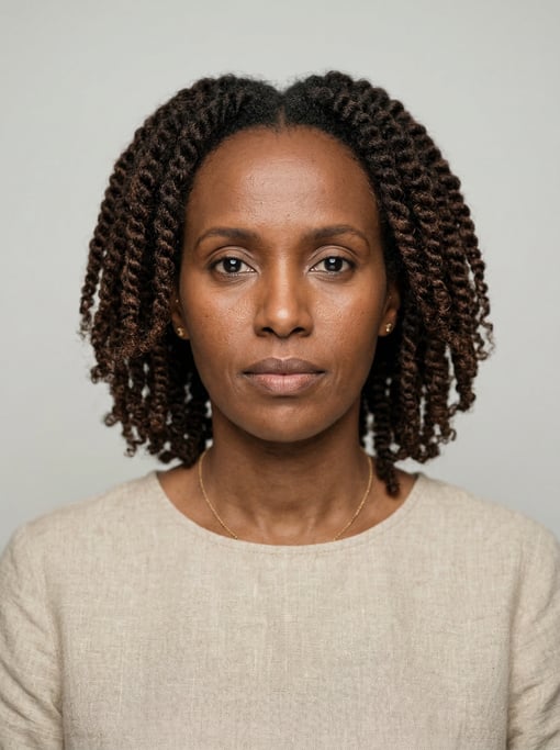 Professional studio headshot of a 40-year-old Somali woman with twist-outs in dark brown