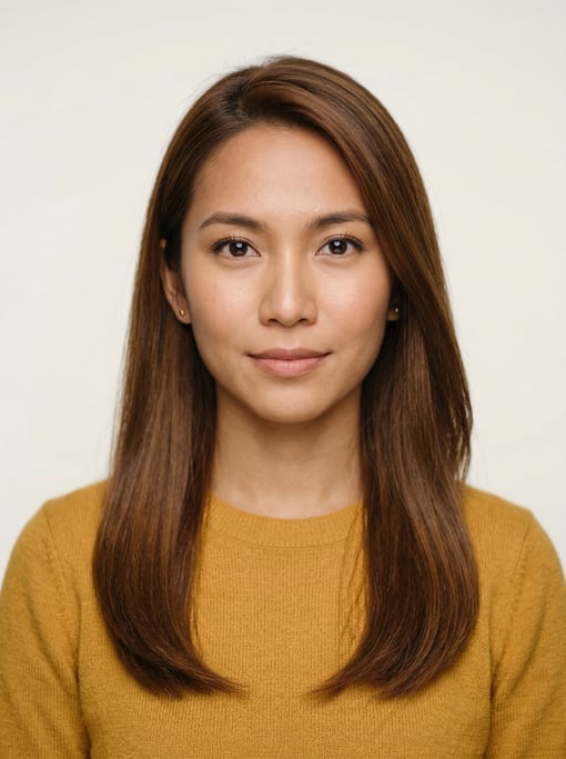 Professional studio headshot of a 24-year-old Southeast Asian woman with long straight chestnut hair