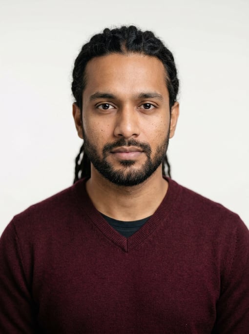 Professional studio headshot of a 28-year-old Bengali man with medium dreadlocks pulled back