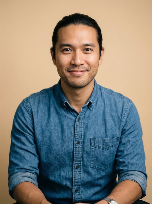 Professional studio headshot of a 31-year-old Southeast Asian man with long straight black hair tied