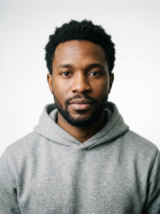 Professional studio headshot of a 29-year-old West African man with short textured black hair