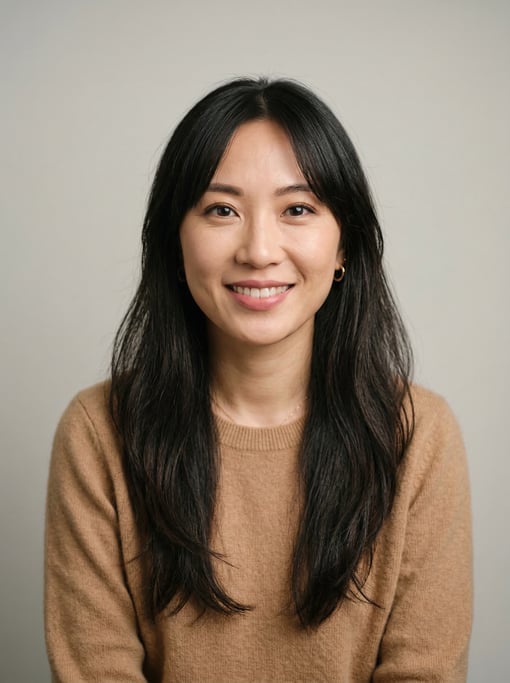 Professional studio headshot of a 31-year-old Chinese woman with curtain bangs with long dark hair