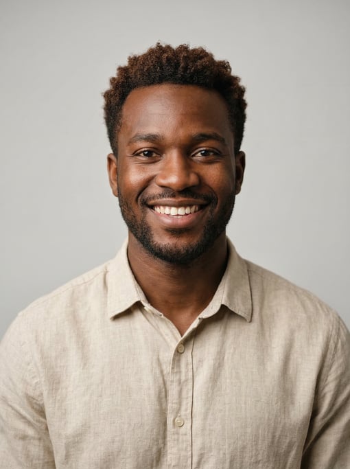 Professional studio headshot of a 25-year-old West African man with short curly dark brown hair