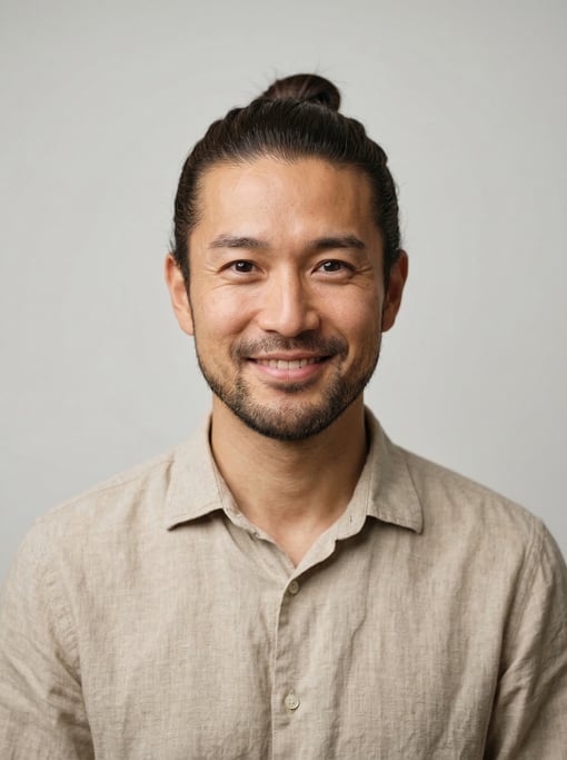Professional studio headshot of a 33-year-old Japanese man with a man bun in dark brown