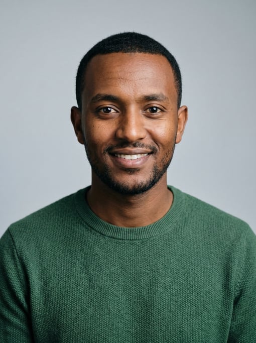 Professional studio headshot of a 27-year-old Ethiopian man with short cropped black hair