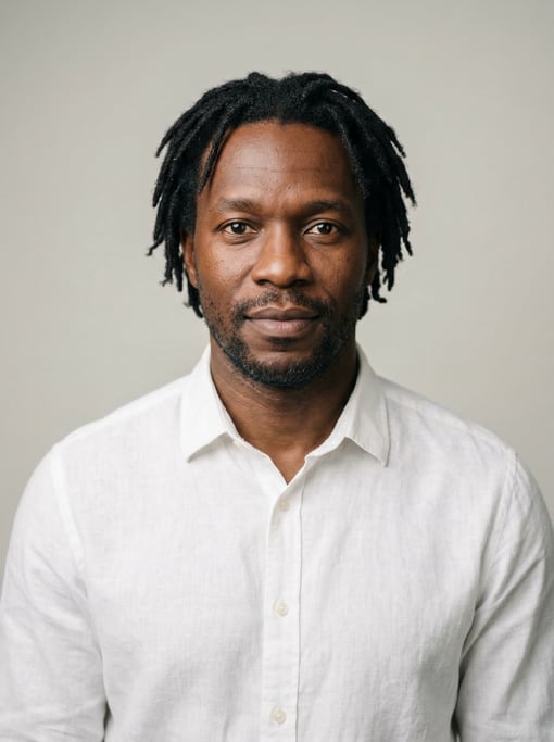 Professional studio headshot of a 40-year-old Jamaican man with short locs in black