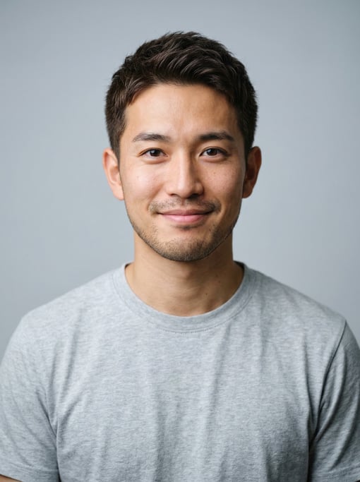 Professional studio headshot of a 27-year-old Japanese man with a dark brown textured crop