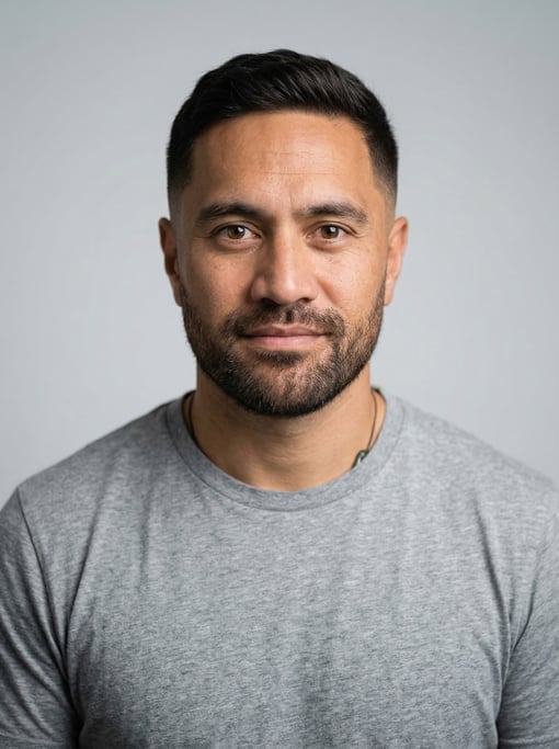 Professional studio headshot of a 37-year-old Maori man with a taper fade in dark brown