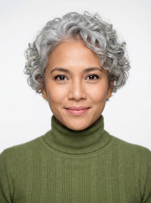 Professional studio headshot of a 36-year-old Indonesian woman with a short curly silver-grey crop