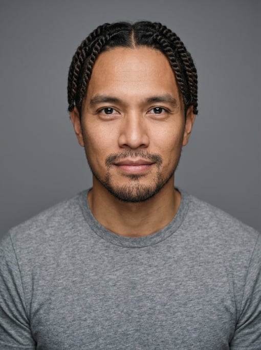 Professional studio headshot of a 33-year-old Filipino man with twists in dark brown, a goatee