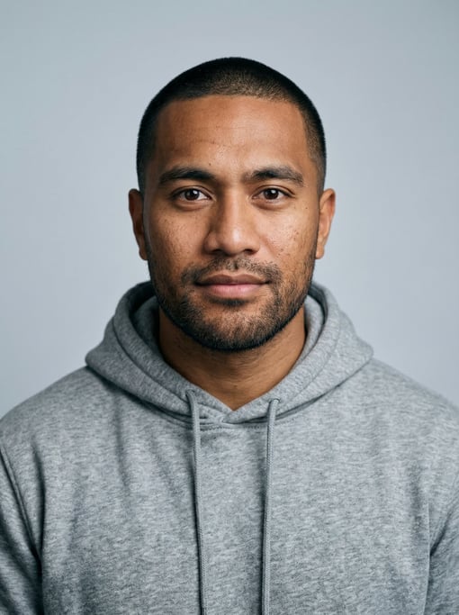 Professional studio headshot of a 30-year-old Pacific Islander man with a buzz cut in black