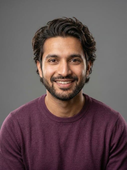 Professional studio headshot of a 28-year-old South Asian man with medium-length wavy dark brown hai