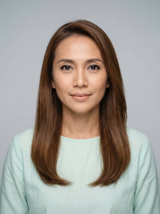 Professional studio headshot of a 40-year-old Indonesian woman with long straight chestnut hair