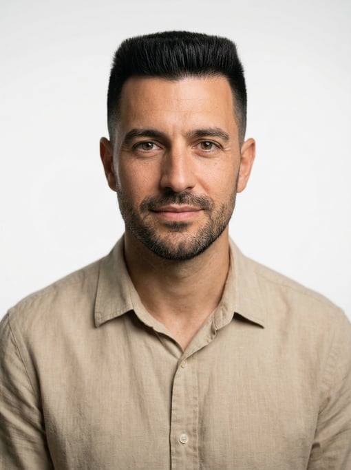 Professional studio headshot of a 32-year-old White Mediterranean man with a flat top in black