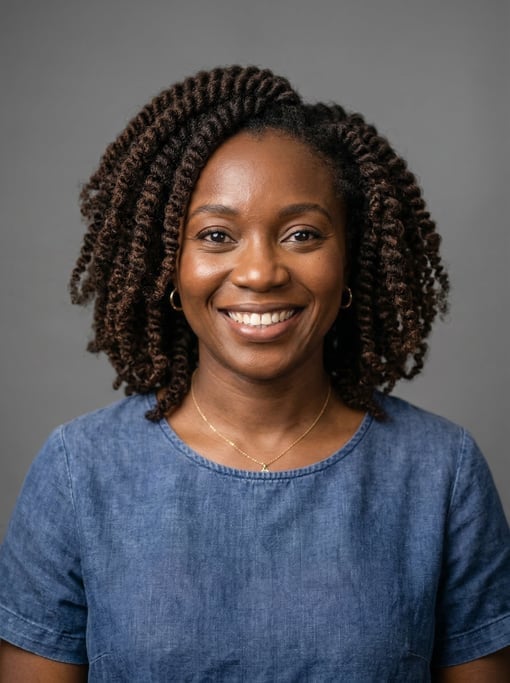 Professional studio headshot of a 38-year-old Nigerian woman with twist-outs in dark brown